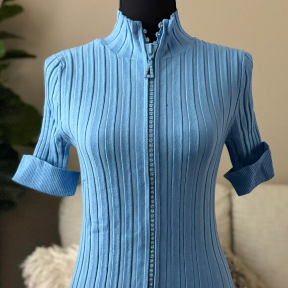 Belldini Sexy Blue Rhinestone Crystal Zipper Mock Neck Collared Shirt S M Y2K - Picture 4 of 6